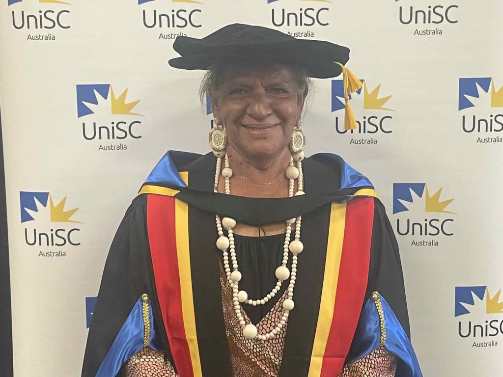 Honorary Doctorate recipient Aunty Joyce Bonner at the University of the Sunshine Coast graduation ceremony at the Beach House Hotel on October 12, 2023.