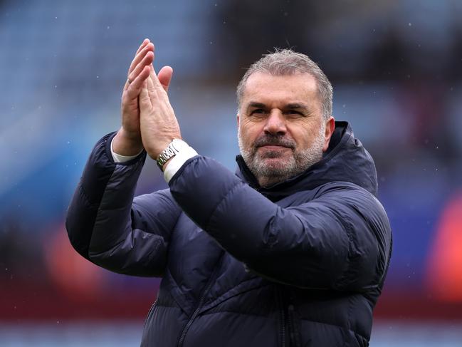 BIRMINGHAM, ENGLAND – MARCH 10: Ange Postecoglou, Manager of Tottenham Hotspur, applauds the fans after the team's victory in the Premier League match between Aston Villa and Tottenham Hotspur at Villa Park on March 10, 2024 in Birmingham, England. (Photo by Alex Pantling/Getty Images)