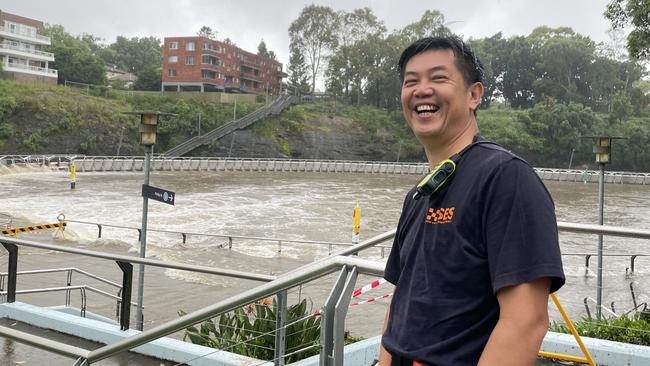 Parramatta SES in-water operator Thong Phabmixay inspects the Parramatta River’s flood levels and was keen for a dry change of clothes. Picture: Joanne Vella