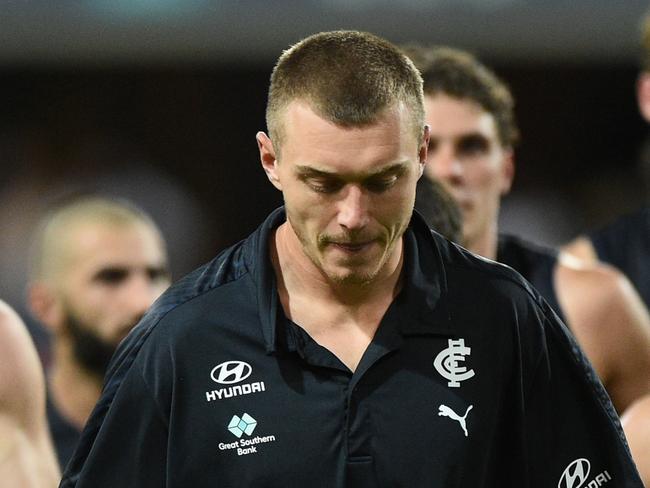 GOLD COAST, AUSTRALIA - APRIL 10: Patrick Cripps of the Blues looks dejected after the round four AFL match between the Gold Coast Suns and the Carlton Blues at Metricon Stadium on April 10, 2022 in Gold Coast, Australia. (Photo by Matt Roberts/AFL Photos/Getty Images)