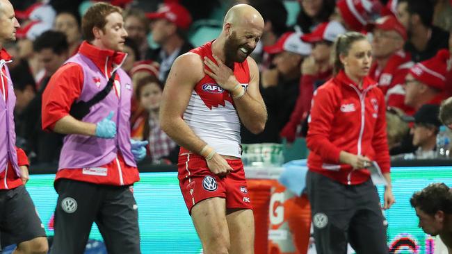 Jarrad McVeigh was injured late in the match and left the field in serious pain. Picture: Phil Hillyard