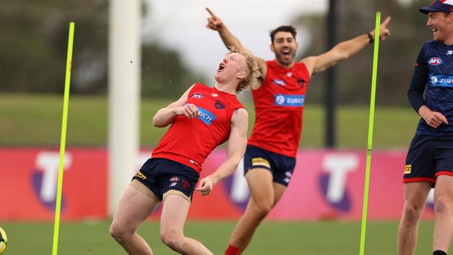 MELBOURNE, AUSTRALIA - FEBRUARY 02: Clayton Oliver of the Demons celebrates after scoring a goal during a Melbourne Demons AFL training session at Casey Fields on February 02, 2022 in Melbourne, Australia. (Photo by Robert Cianflone/Getty Images)