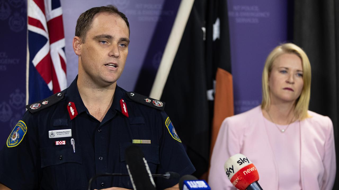 Acting Chief Fire Officer Josh Fischer and Acting Chief Minister Nicole Manison provide an update on the Barkly wildfire threatening Tennant Creek. Picture: Pema Tamang Pakhrin