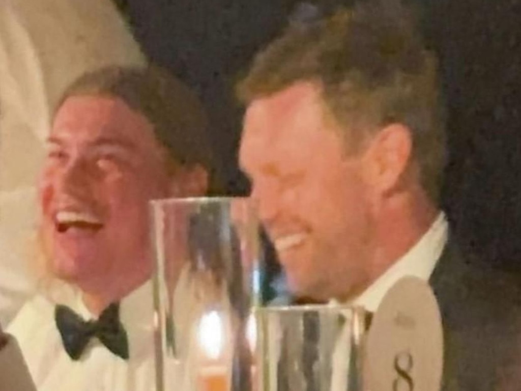 Harley Reid and Sam Mitchell joke at Tom Barrass' wedding. The photo sent social media into a frenzy.