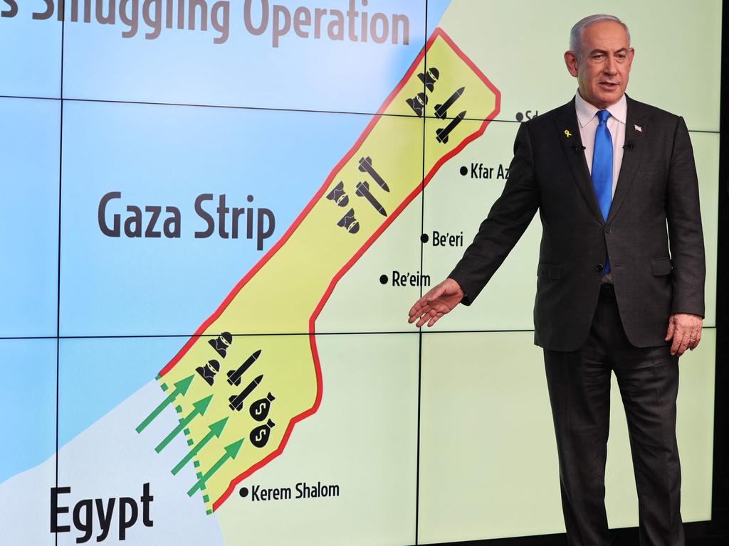 Israel's Prime Minister Benjamin Netanyahu stands in front of a map that sparked widespread condemnation. Picture: AFP