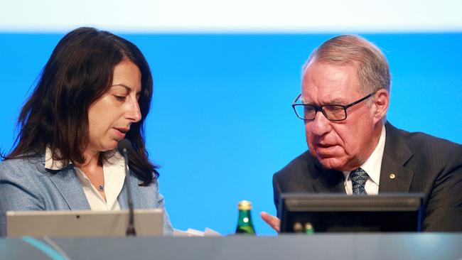 ANZ CFO Michelle Jablko with ANZ chairman David Gonski during last year’s AGM. Picture: AAP