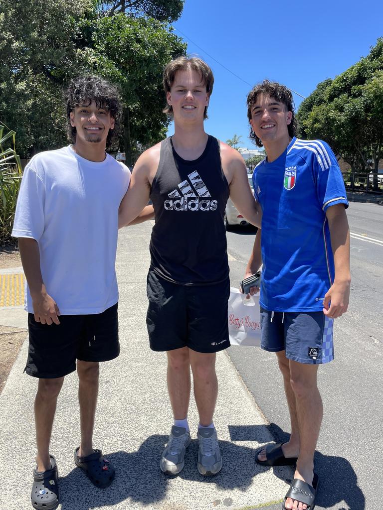 Cohen Jackson, 18, Patrick Cauch, 18, and Dom Marinelli, 18, at Byron Bay for schoolies on November 30, 2023. Picture: Sam Stolz