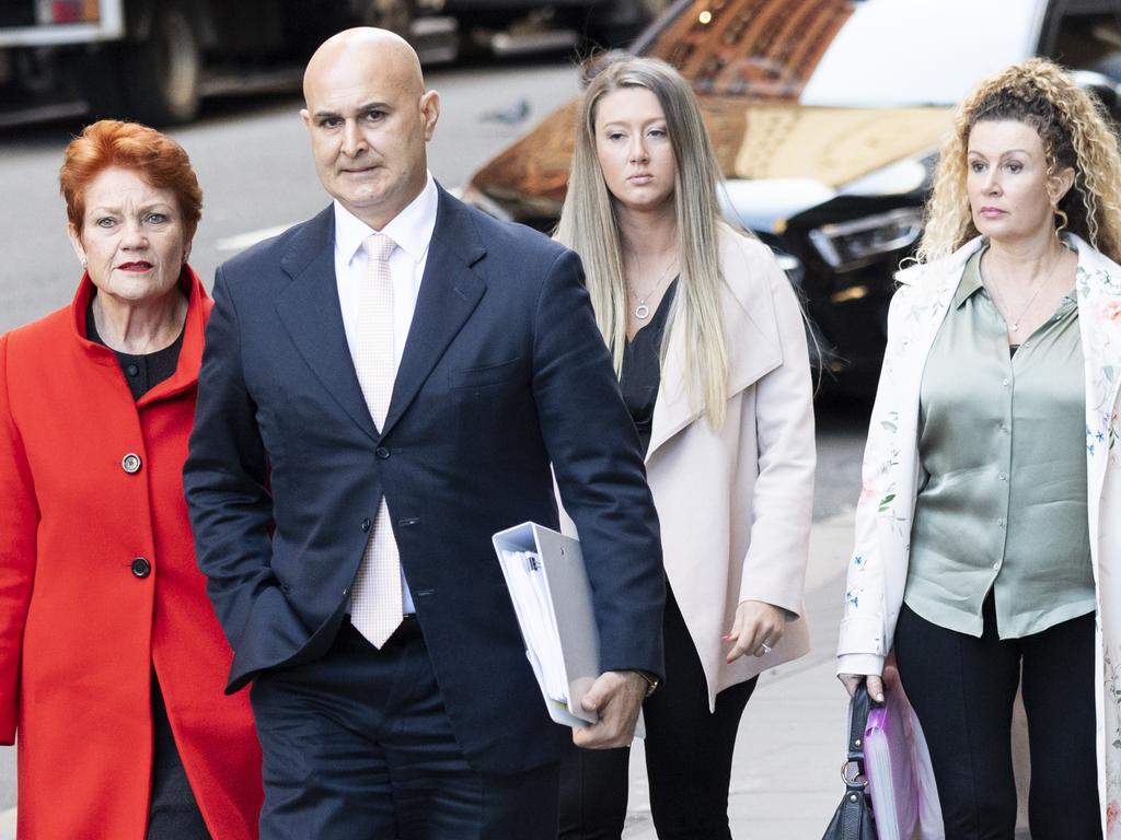 Pauline Hanson with lawyer Danny Eid, witness Terrie-lea Vairy (far right) and her daughter. Ms Vairy claims Mr Burston sexually harassed her. Picture: NewsWire / Monique Harmer