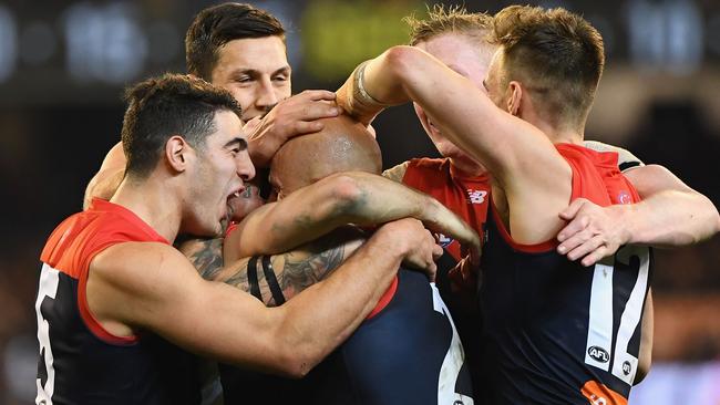 The Demons swarmed the Cats — and each other — at every opportunity. Picture: Getty Images