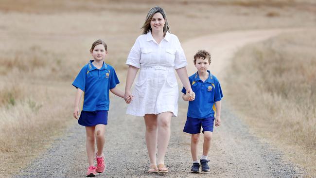 Kristen Michelmore with children Ivy, 8, and Ari, 6, who attend Valkyrie State School. Pics Tara Croser.