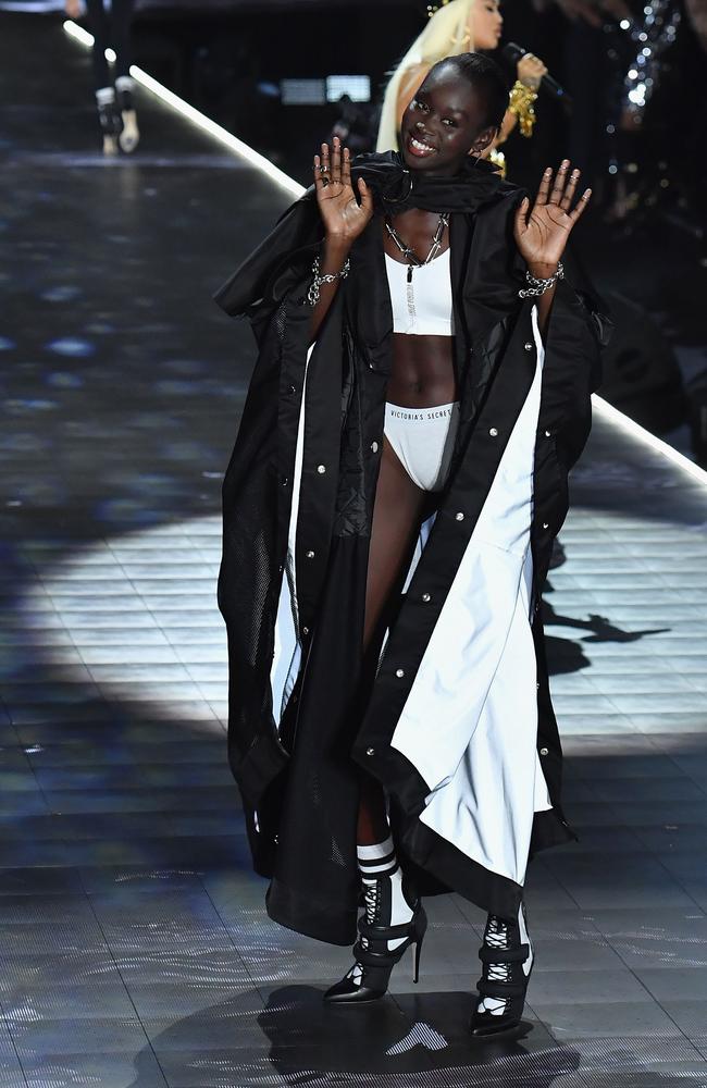 Australian model Duckie Thot walks the runway at the 2018 Victoria’s Secret Fashion Show on November 8, 2018 at Pier 94 in New York City.