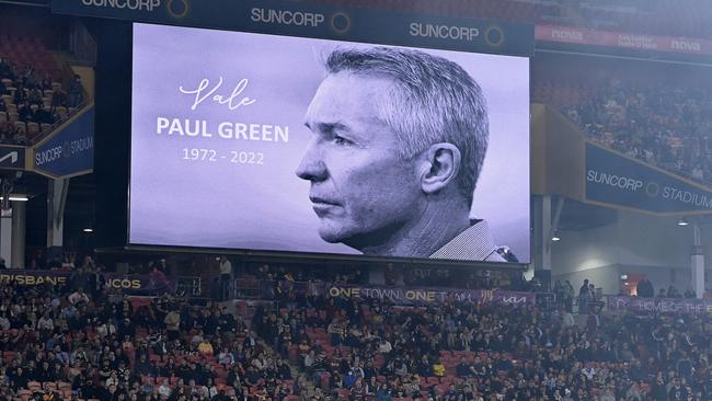 Paul Green is remembered during a minute’s silence before the match between the Brisbane Broncos and the Newcastle Knights at Suncorp Stadium.