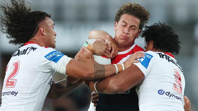 SYDNEY, AUSTRALIA - FEBRUARY 16: Mark Nawaqanitawase of the Roosters is tackled during the 2025 NRL Pre-Season Challenge match between St George Illawarra Dragons and Sydney Roosters at Netstrata Jubilee Stadium on February 16, 2025 in Sydney, Australia. (Photo by Mark Metcalfe/Getty Images)