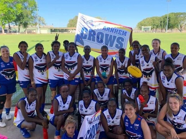 Arnhem Crows players celebrate after making the 2020 Womens Big Rivers Football League Grand Final. They went on to beat Katherine South by 72 points in the grand final.