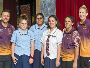 EDUCATIONAL PROGRAM: At the Beyond Broncos Toowoomba State High School program launch are (from left) Scott Prince, Imgale Tuesle, Kirra Gibbs-Hooper, Rhiannon Colley, Liz Wilson and Ali Brigginshaw. Picture: Nev Madsen