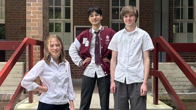 Fort Street High School legal studies students Sofie Andersen (17), Marcus Aspinall (18) and Auryn Griffiths (18) after their HSC exam.