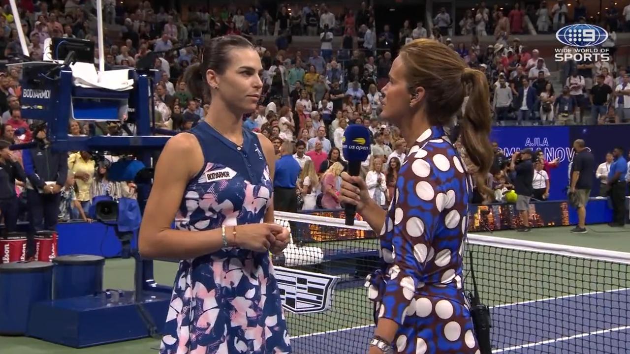 Ajla Tomljanovic speaking on Arthur Ashe Stadium. Photo: Channel 9.