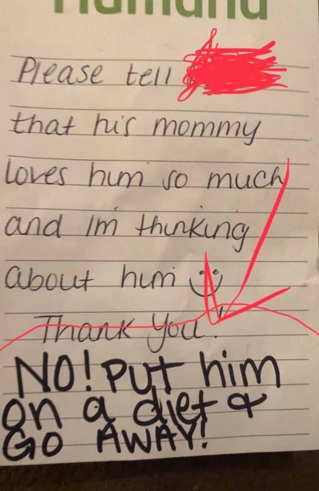 The note told Ms Easdon to ‘go away’ and put her son ‘on a diet’. Picture: Facebook / Francesca Easdon