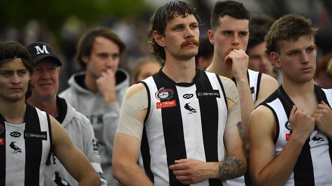 NFNL: Division 1 Melbourne Greyhounds Seniors, Grand Final. Heidelberg VS Montmorency, played at Preston City Oval, Preston, Victoria, Saturday 21st September 2024.  A dejected Montmorency team after losing the 2024 grand final. Picture: Andrew Batsch