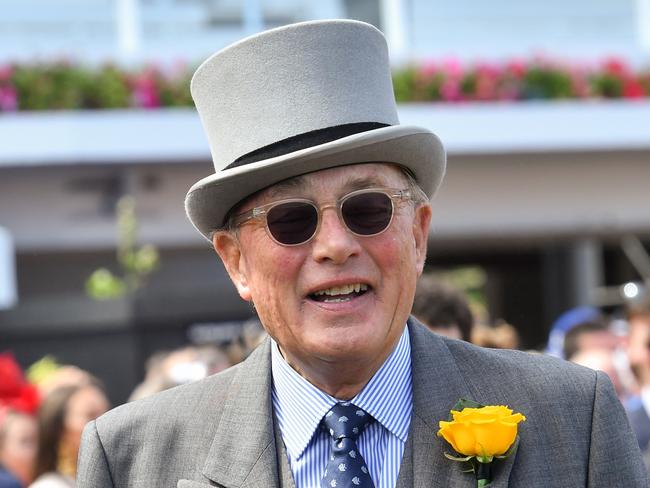 Owner Lloyd Williams celebrates after Rekindling (GB) ridden by Corey Brown won the Emirates Melbourne Cup at Flemington Racecourse on November 07, 2017 in Flemington, Australia. (Mike Keating/Racing Photos via Getty Images)