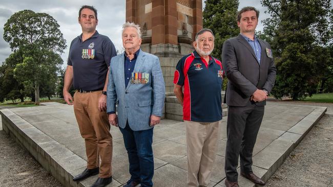 War veterans Lucas Moon, Bob Soutter, John Torpey and Laurence Quinn have been hoping the march could safely proceed. Picture: Jason Edwards