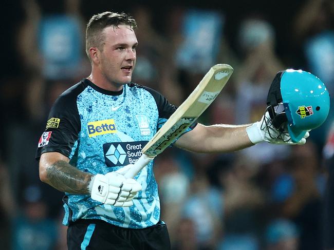 GOLD COAST, AUSTRALIA - JANUARY 22: Josh Brown of the Heat celebrates a century during the BBL The Challenger Final match between Brisbane Heat and Adelaide Strikers at Heritage Bank Stadium, on January 22, 2024, in Gold Coast, Australia. (Photo by Chris Hyde/Getty Images)