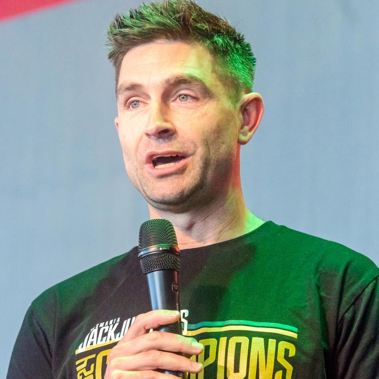 DEVONPORT, AUSTRALIA - APRIL 07: Jackjumpers high performance manager Ryan Carroll speaks to fans during the Tasmania Jackjumpers NBL Grand Final celebrations at on April 07, 2024 in Devonport, Australia. (Photo by Simon Sturzaker/Getty Images)