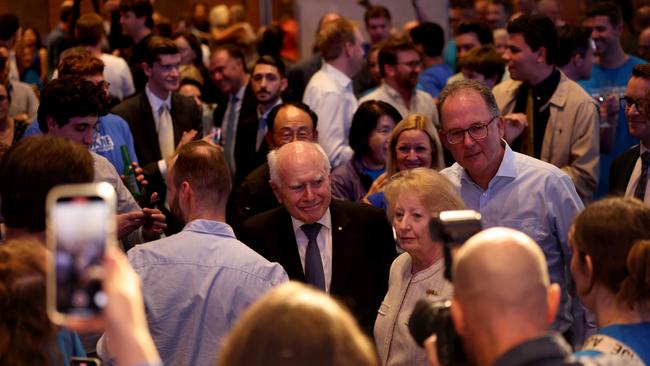 Former PM John Howard arrives at the NSW Liberals’ election party at the Hilton Hotel, Sydney CBD. Picture: Damian Shaw