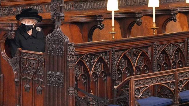 The Queen was forced to sit alone at the funeral of her husband, Prince Philip. Picture: Jonathan Brady/AFP