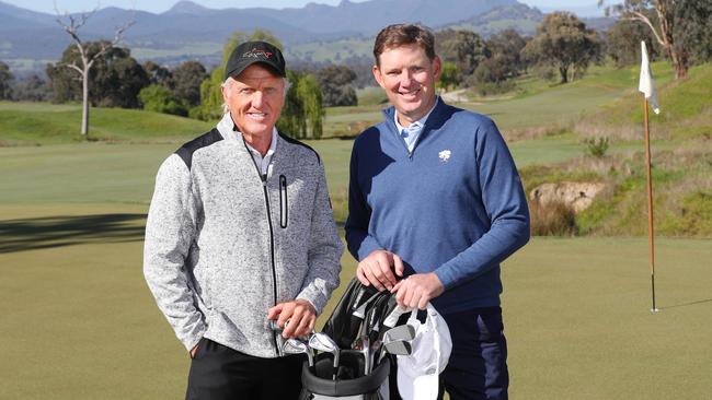 Greg Norman and David Evans at the opening of the Cathedral Lodge golf course in 2017. Picture: David Crosling