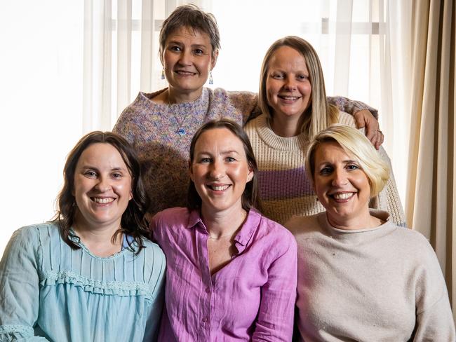 SA Weekend Women With Cancer: (Back) Lee Hutton and Jessica Marechal (Front) Naomi Hubbard, Anne Horstmann and  Kate Hitchin on July 24th, 2024, at the Cancer Care Centre in Frewville.Picture: Tom Huntley