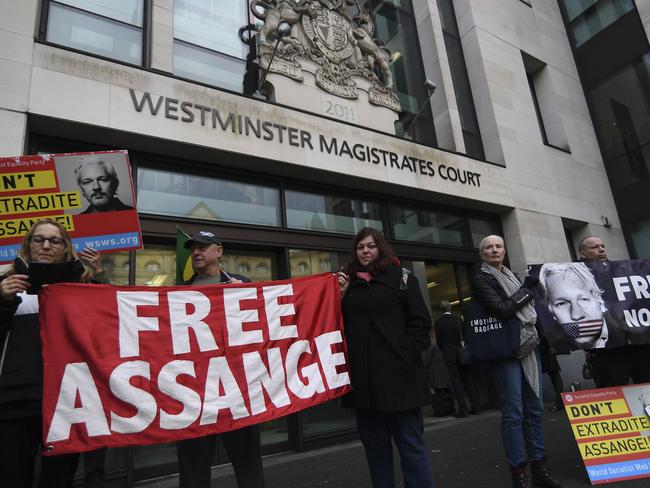 Assange supporters outside the court. Picture: AP