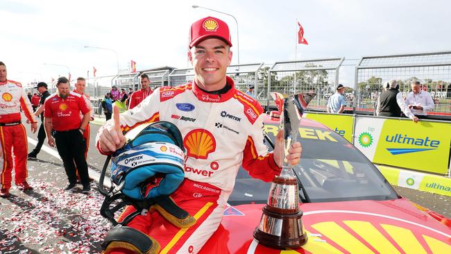 DAILY TELEGRAPH – Pictured is Scott McLaughlin from the Shell V-Power Racing Team celebrating as he claims the Supercars Championship for the third time after the Bathurst 1000 at Mount Panorama Raceway today. Picture: Tim Hunter.