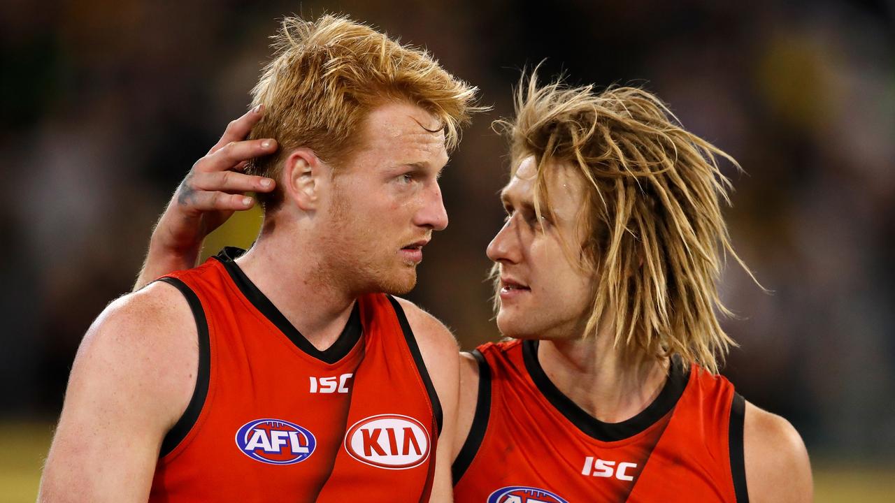 Aaron Francis and Dyson Heppell after a loss to Richmond last season.