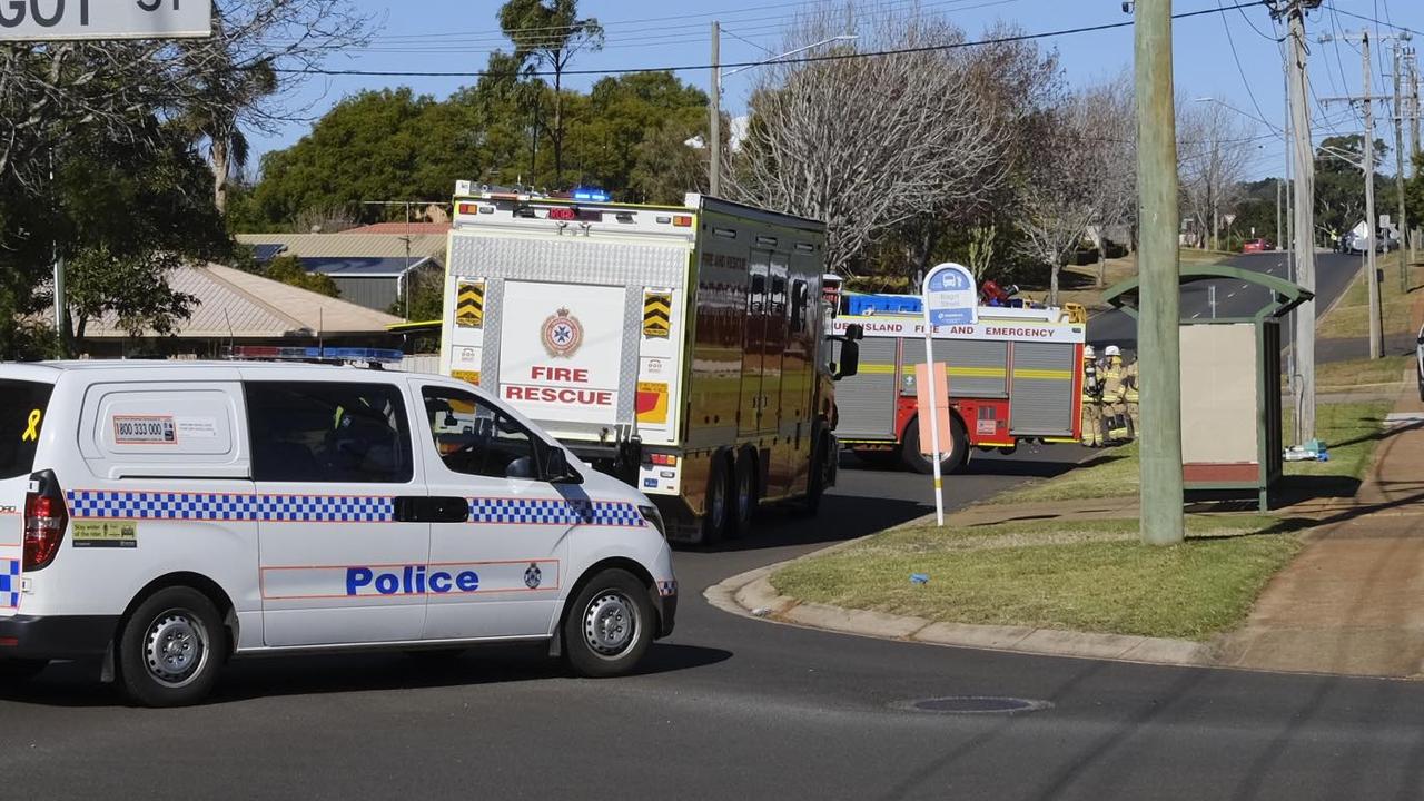 Emergency services close Ramsay Street in Centenary Heights after main line gas leak.