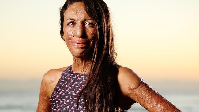 Burns victim Turia Pitt pictured at Mollymook Beach ahead of her first Iron Woman Triathalon.