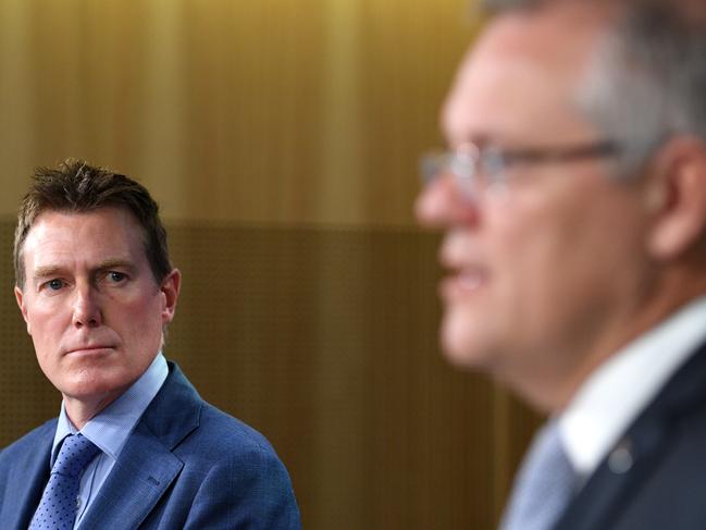 Prime Minister Scott Morrison and Attorney General Christian Porter (left) address media in Sydney, Thursday, December 13, 2018. The Prime Minister says Australia needs a dedicated new law that makes religious discrimination illegal, in order to protect freedom. (AAP Image/Dan Himbrechts) NO ARCHIVING