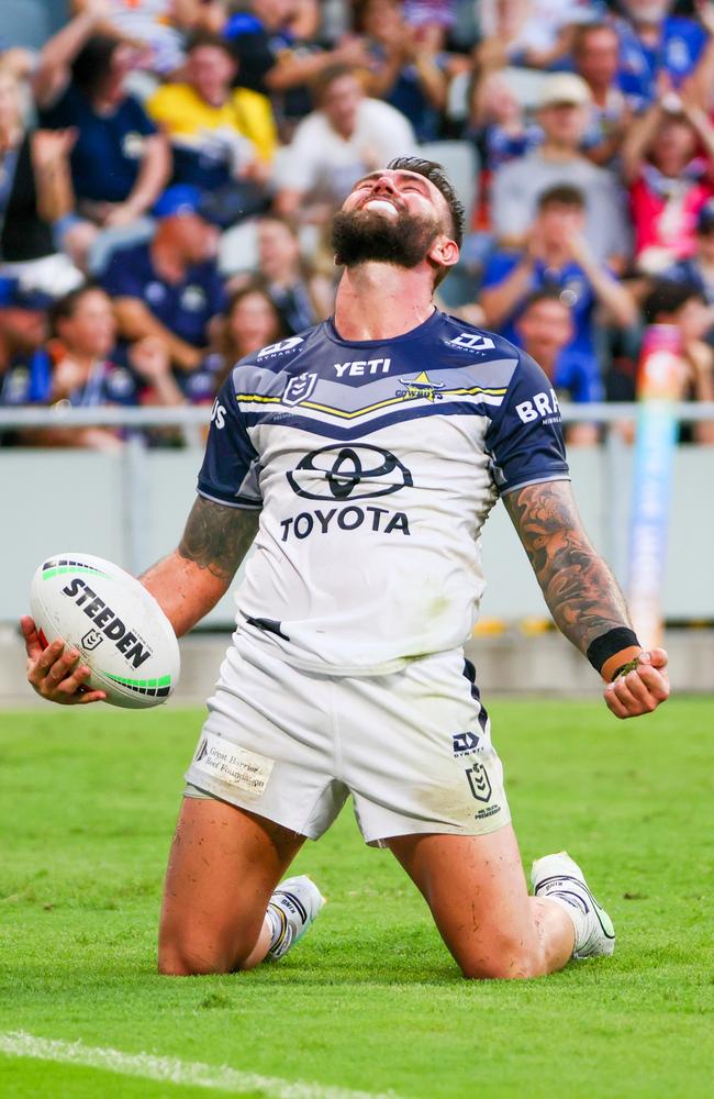 Kyle Feldt scores to become the Cowboys' all-time leading tryscorer. Picture: NRL Photos