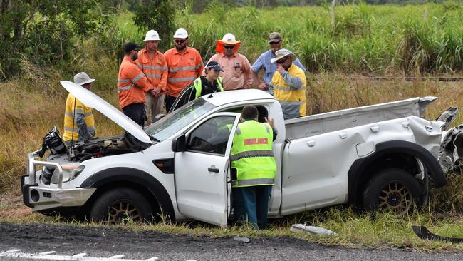 Photos from the scene of an accident involving two trucks and a utility vehicle at Yuruga on the Bruce Highway between Townsville and Ingham. Two men have been badly injured. Picture: Cameron Bates