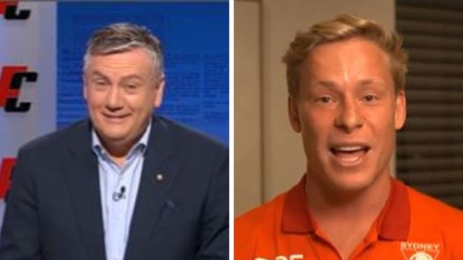 Eddie McGuire and Isaac Heeney square off. Photos: Channel 9