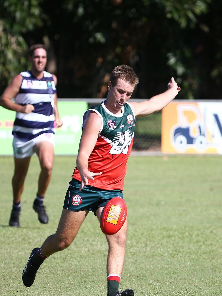 Cutters' Chris Ransom swings possession back in South Cairns' favour in the AFL Cairns Premiership men's match between the South Cairns Cutters and the Port Douglas Crocs, held at Fretwell Park, Bentley Park. Picture: Brendan Radke