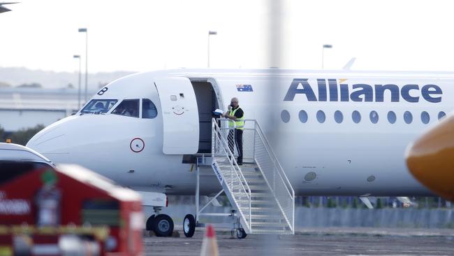 The Brisbane Broncos were on this plane as they fled Queensland for Sydney. Picture: Josh Woning