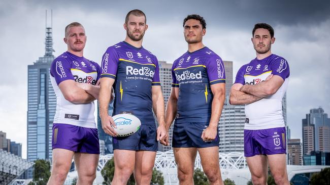 Melbourne Storm launch their 2024 campaign, which they've dubbed "Made for Melbourne" as the Storm adopt an "us v them" mentality for next season. Melbourne Storm players (L-R) Josh King, Christian Welch, Xavier Coates, and Nick Meaney. Picture: Jake Nowakowski