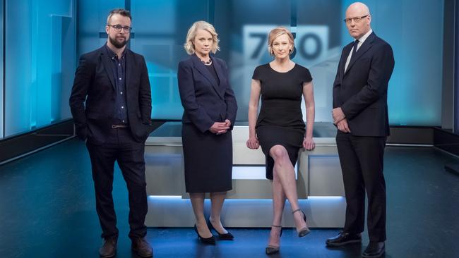 Justin Stevens, Laura Tingle, Leigh Sales and John Lyons on the set of ABC's 730.