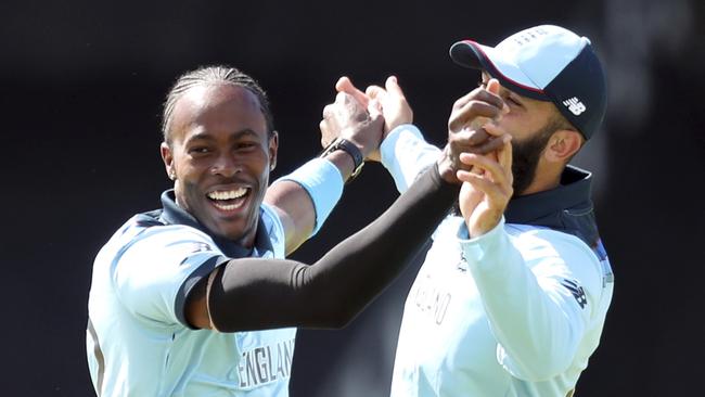 England’s Jofra Archer, left, celebrates a wicket against Sri Lanka last week. Picture: AP