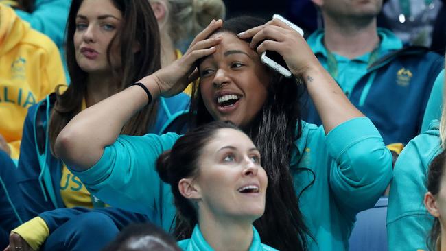 Opals star Liz Cambage watches on during the Boomers’ clash with Team USA. Picture: Adam Head