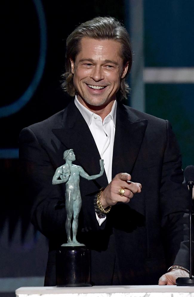 Brad Pitt accepts Outstanding Performance by a Male Actor in a Supporting Role for 'Once Upon a Time in Hollywood'. Picture: Kevork Djansezian/Getty Images for Turner