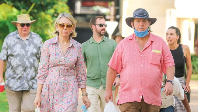 Zarchary Rolfe’s parents Deborah and Richard (pink shirt) outside the NT Supreme Court during their son’s trial. Picture: Glenn Campbell