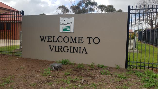 Playford Council’s greeting sign on the main road through Virginia. Picture: Colin James