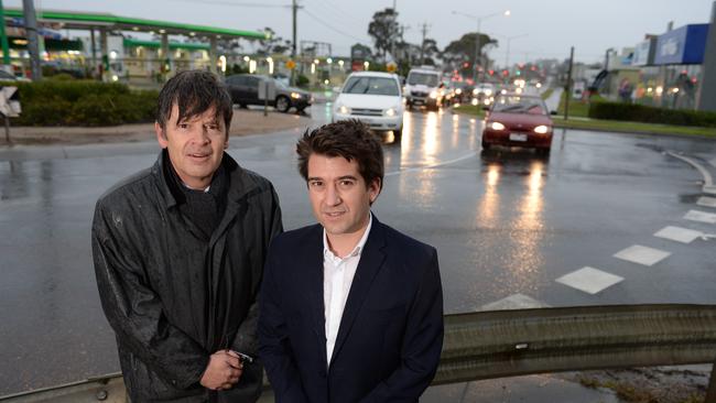 Roads Minister Luke Donnellan and Sunbury MP Josh Bull at Horne St/Gap Rd roundabout - Sunbury's worst intersection. Picture: Kylie Else